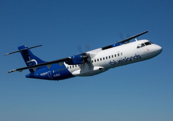 A Blue Islands Plane in mid-flight.
