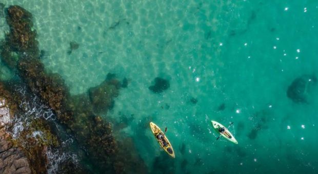 aerial shot of a kayaker and paddle boarder along the coastline